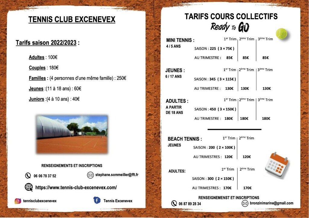 tarifs adhésion et cours école de tennis