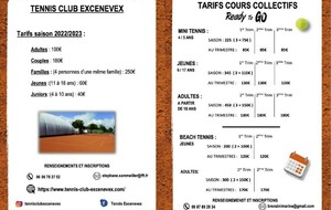 tarifs adhésion et cours école de tennis